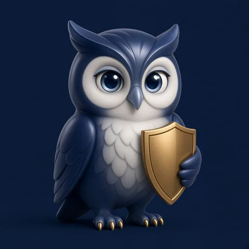 Búho 3D azul navy con cara y pecho blanco perla, sosteniendo un escudo dorado
