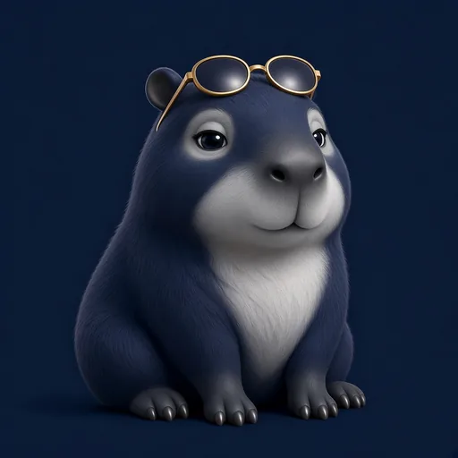 Chigüiro 3D azul navy y relajado, con gafas de sol doradas sobre la cabeza