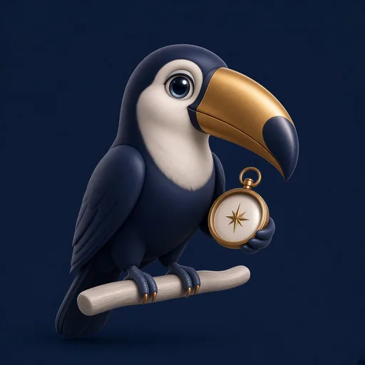 Tucán 3D azul navy de pico dorado, con una brújula dorada en la pata